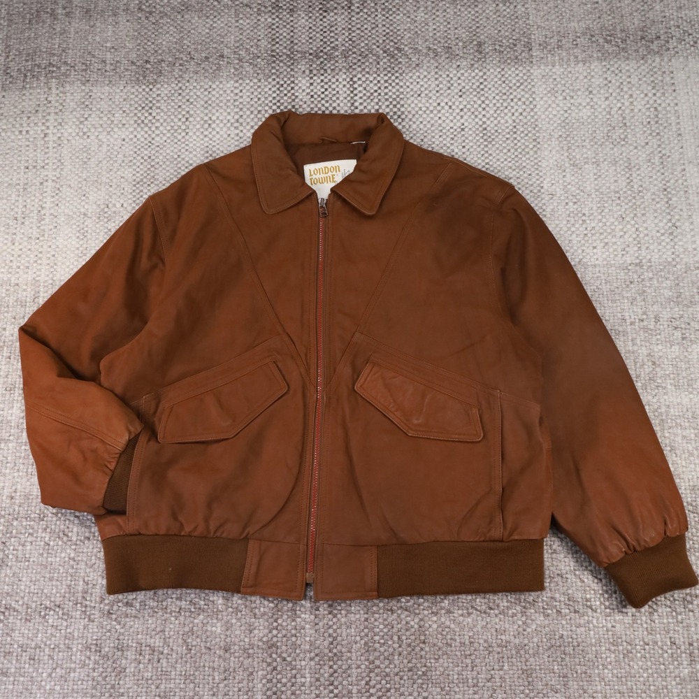 London Towne Mens XL Brown Leather Bomber Jacket Full Zip Flap Pockets Vintage